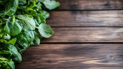 Poster - Fresh green spinach leaves arranged on rustic wooden background for healthy living : Generative AI