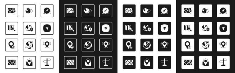 Poster - Set Push pin, Location on the globe, Search location, Gps device with map, City navigation, Map and house icon. Vector