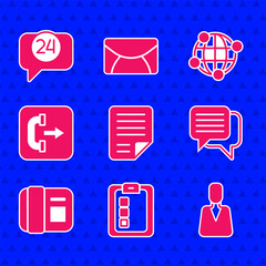 Poster - Set File document, Online quiz, test, survey, Employee, Speech bubble chat, Telephone handset, Outgoing call, Global technology and 24 hours support icon. Vector