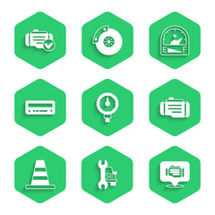 Poster - Set Tire pressure gauge, Car service, Check engine, Traffic cone, audio, Motor gas and icon. Vector