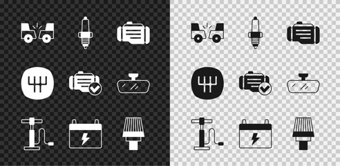 Poster - Set Car accident, spark plug, Check engine, air pump, battery, filter, Gear shifter and icon. Vector