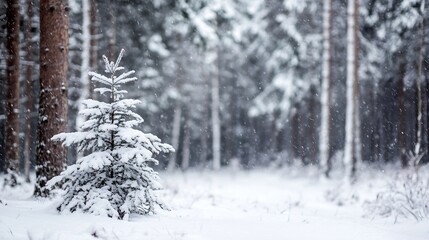 Poster - SnowCovered Evergreen Tree in a Lush Forest During Winter Season with Gentle Snowfall : Generative AI