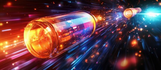 Poster - futuristic energy capsules traveling through vibrant light trails in space