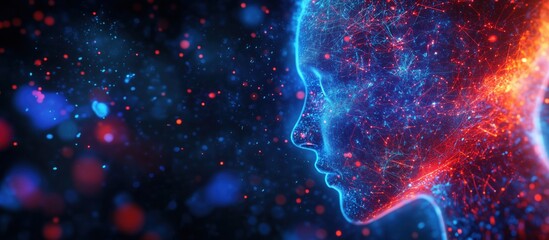 Poster - Digital human silhouette with glowing neural connections and vibrant particles