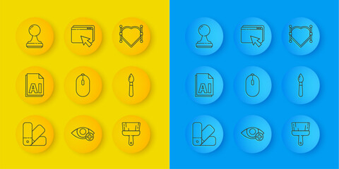 Poster - Set line Color palette guide, AI file document, Computer mouse, Paint brush, Stamp, Heart with Bezier curve and Web design and development icon. Vector