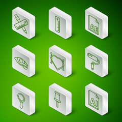Poster - Set line AI file document, Push pin, Crossed ruler and pencil, Heart with Bezier curve, Red eye effect, Ruler, Magnifying glass and Paint roller brush icon. Vector