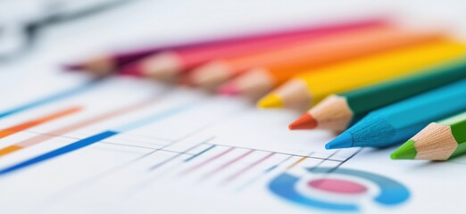 Poster - Colorful pencils arranged on financial graphs and charts for creative analysis
