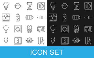 Poster - Set line Electric plug, Electrical measuring instruments, circuit scheme, Multimeter, Battery, Light emitting diode and charge level indicator icon. Vector