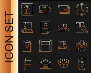 Poster - Set line Mobile with app delivery tracking, Cardboard box traffic symbol, Envelope magnifying glass, Document marker system, Conveyor belt cardboard, Fragile broken and icon. Vector