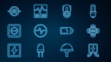 Poster - Set line Electric transformer, Processor with microcircuits CPU, Electrical outlet, scheme, Battery charge level indicator and measuring instruments icon. Vector