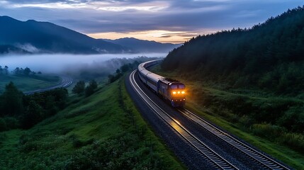 Poster - Scenic view of a colorful train traveling along winding tracks in a lush green valley at dusk : Generative AI