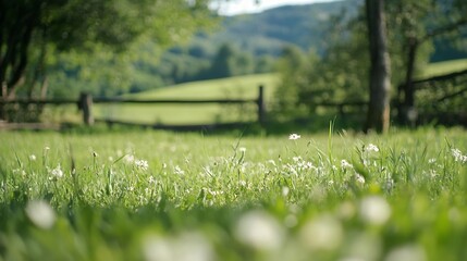 Poster - Scenic view of a lush green meadow with blooming wildflowers surrounded by distant hills under clear blue sky : Generative AI