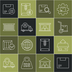 Poster - Set line Carton cardboard box, Hand truck and boxes, Search package, Delivery cargo vehicle, Container, delete and Warehouse icon. Vector