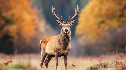 Poster - Majestic Stag Standing Proudly in an Autumn Forest Surrounded by Colorful Foliage : Generative AI
