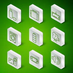 Poster - set line speaker volume, portable video game console, usb flash drive, battery charge level indicato