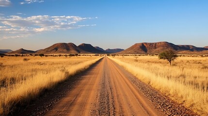 Poster - Scenic dirt road winding through dry landscape with distant mountains under clear blue skies : Generative AI