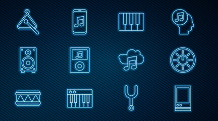 Poster - Set line Voice assistant, Dial knob level technology settings, Music synthesizer, player, Stereo speaker, Triangle musical instrument, streaming service and icon. Vector