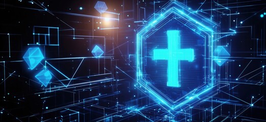 Poster - Digital cross symbol in futuristic technology background with glowing blue elements