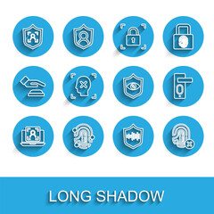 Poster - Set line Laptop with face recognition, Fingerprint, Shield, voice, Rejection fingerprint, door lock and eye scan icon. Vector
