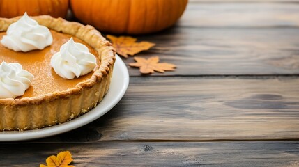 Poster - Delicious pumpkin pie with whipped cream and autumn leaves on wooden table : Generative AI