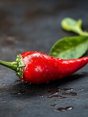 Poster - Fresh Red Chili Pepper with Water Droplets and Green Leaves on Dark Background for Culinary Use : Generative AI