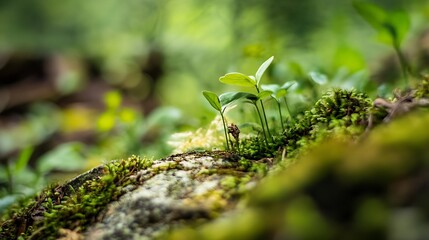 Aufkleber - Delicate young plants sprouting from moist moss showcasing vibrant life in nature : Generative AI