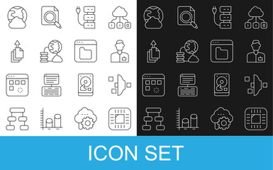 Poster - Set line Processor with CPU, Filter setting, Analyst engineer, Server, Network cloud connection, Data export, Social network and Browser files icon. Vector