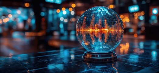 Poster - Glowing crystal ball with vibrant reflections in modern urban setting