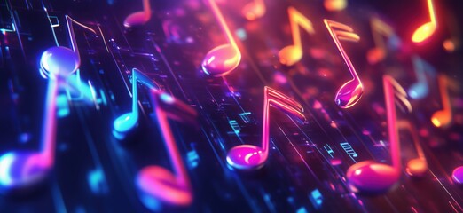 Poster - Colorful musical notes floating in vibrant digital space with glowing effects