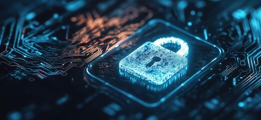 Fototapete - Digital padlock symbolizing cybersecurity on circuit board background