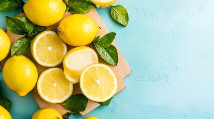 Aufkleber - Fresh Yellow Lemons and Slices on a Wooden Board against a Soft Blue Background : Generative AI