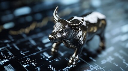 Aufkleber - Shiny Metallic Bull Figurine on a Stock Market Chart Background Representing Financial Growth : Generative AI