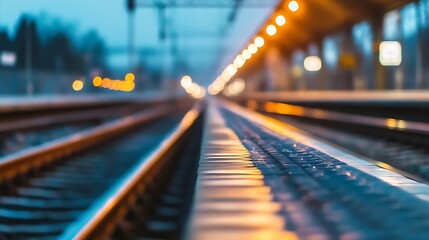 Aufkleber - Captivating shot of blurred train tracks leading to a welllit platform at dusk highlighting the enchanting evening atmosphere : Generative AI