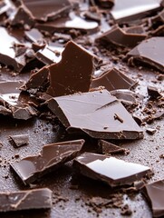 Poster - Closeup view of broken dark chocolate pieces on a brown surface scattered tantalizingly : Generative AI