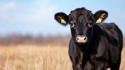 Poster - Curious black calf posing in a sunny field with open pastures and clear blue skies : Generative AI