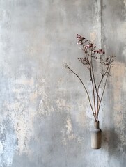 Poster - minimalist floral arrangement in rustic vase against textured grey background : generative ai