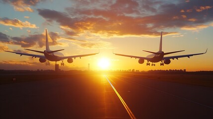 Poster - Dramatic sunset backdrop with two airplanes silhouetted against the colorful sky at an airport runway : Generative AI