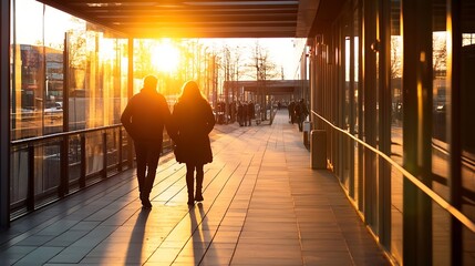 Poster - Romantic sunset stroll captured with silhouettes of a couple on a city promenade : Generative AI