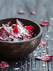 Aufkleber - Colorful Red Rose Petals and Sea Salt in a Rustic Wooden Bowl for a Decorative Touch : Generative AI