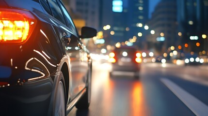 Poster - Dynamic city night scene featuring a sleek black car on the road with glowing lights in the background : Generative AI