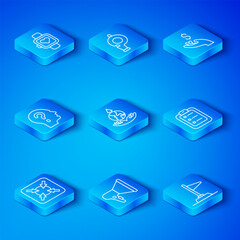 Poster - Set line Target, World expansion, Megaphone, To do list planning, Hand holding coin money, Head with question mark, Smart watch and Flag icon. Vector