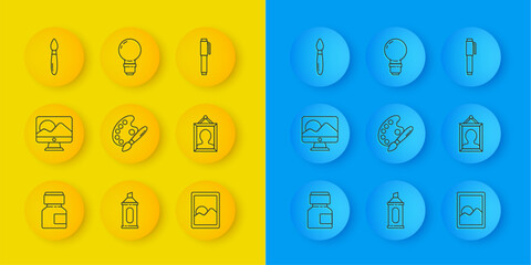 Poster - Set line Paint, gouache, jar, dye, Computer monitor screen, brush with palette, Graphic tablet, Picture, Pen and Light bulb icon. Vector