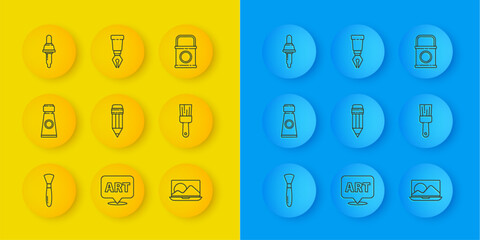 Poster - Set line Paint brush, Tube with paint palette, Pencil eraser, Laptop, Pipette, bucket and Fountain pen nib icon. Vector