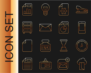Poster - set line cloud database, clock, mobile phone, document settings, mail and e-mail, archive papers dra