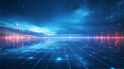Poster - Digital Horizon: A mesmerizing digital art piece depicting a futuristic landscape where glowing lines converge, mirroring a digital highway stretching towards a vibrant, starlit sky.