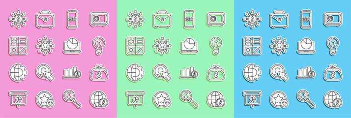 Poster - Set line Earth globe with dollar, Wallet, Light bulb concept of idea, Mobile phone SEO optimization, Business network and communication, Calculator, Dollar, share, and Laptop graph chart icon. Vector