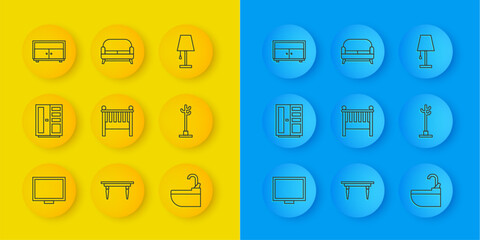 Poster - Set line Picture frame on table, Wardrobe, Baby crib cradle bed, Washbasin with water tap, Coat stand, Chest of drawers, Table lamp and Sofa icon. Vector