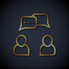 Poster - Gold line Speech bubble chat icon isolated on black background. Message icon. Communication or comment chat symbol. Vector