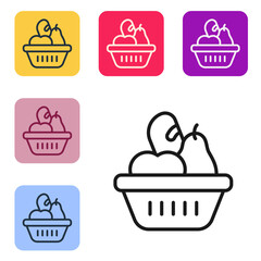 Poster - Black line Donation food box icon isolated on white background. Set icons in color square buttons. Vector