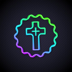 Poster - Glowing neon line Christian cross icon isolated on black background. Church cross. Vector